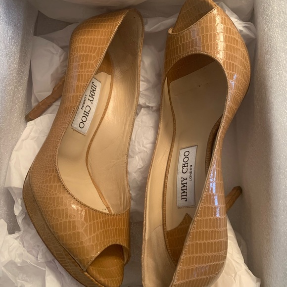 Jimmy Choo Shoes - Jimmy Choo Croc Embossed Tan Platform Heels~38